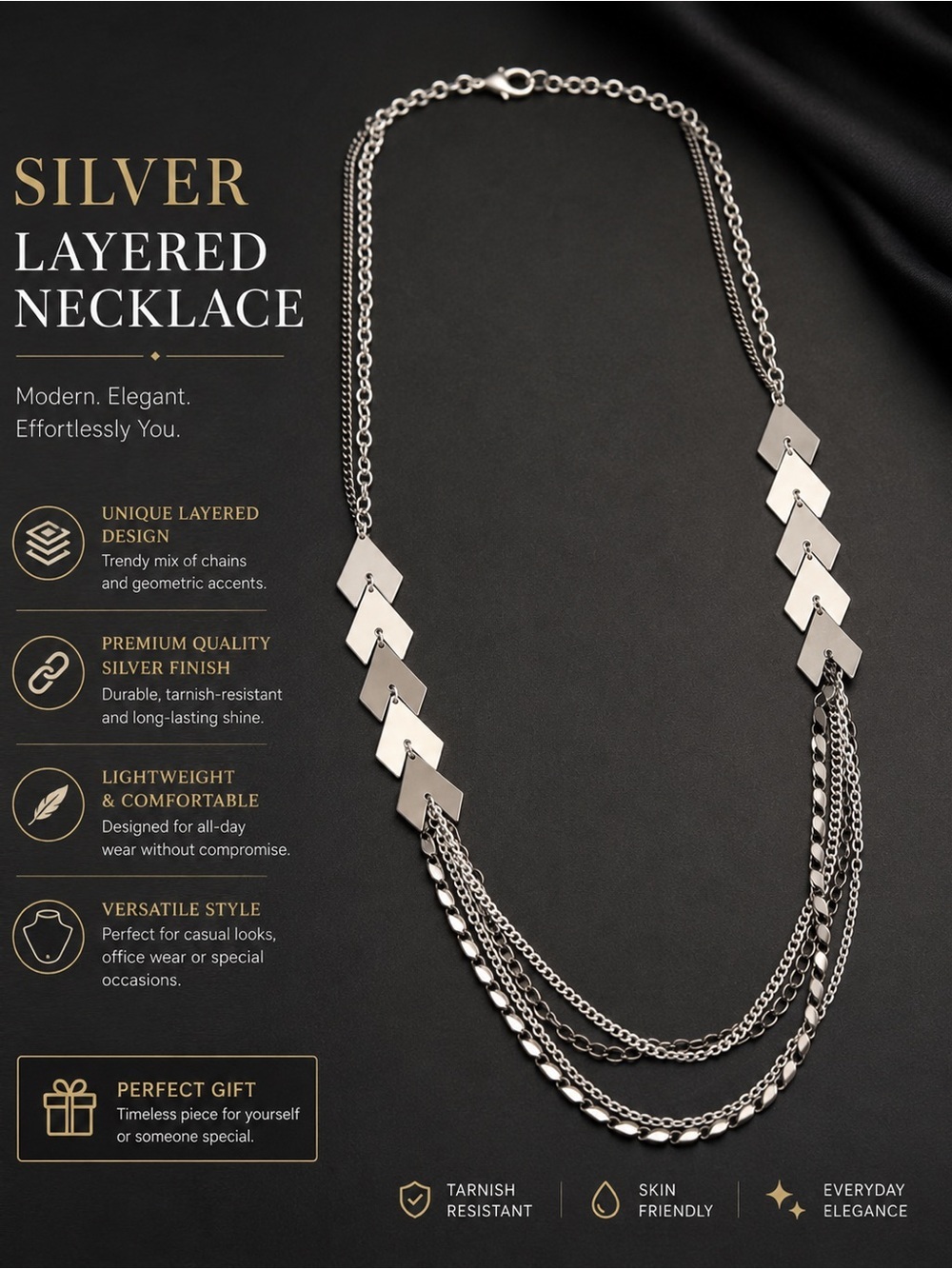 Layered Silver-Tone Geometric Multi-Chain Necklace